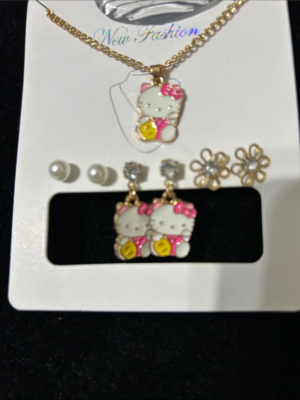 New Fashion Kids Gold-Tone Pink & White Character Necklace and Earring Set